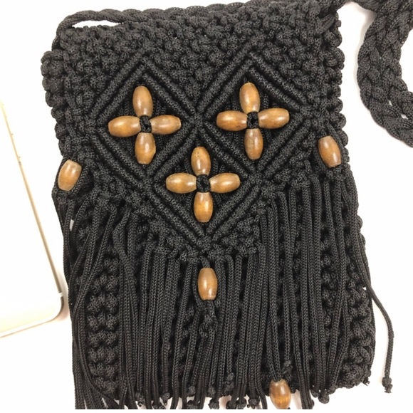 Vintage | Bags | Vintage Macrame Crossbody Wood Bead Fringe Boho ...